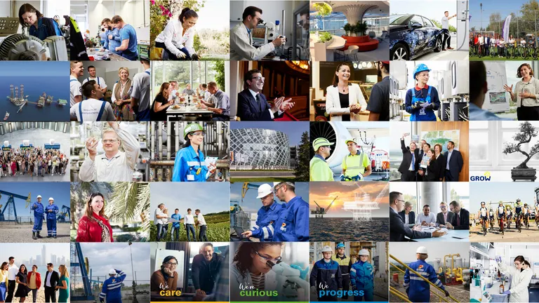 A collage of OMV Petrom workers and assets in different instances