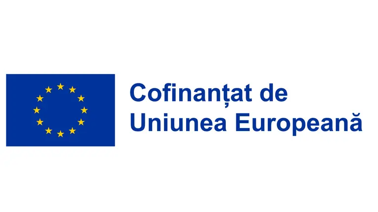Text albastru ce descrie că proiectul este Cofinanțat de Uniunea Europeană alăturat steagului UE