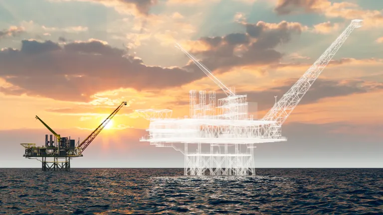 Neptun Deep project visual representing two offshore platforms out in the sea, at dusk, one of which is simulated as a projection