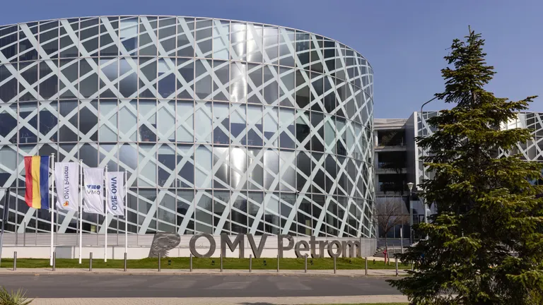 Petrom City Headquarters with OMV Petrom Logo Letters in front